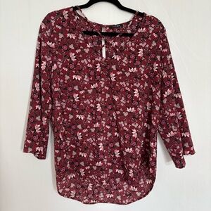 Papermoon‎ Women's Floral 3/4 Sleeve V-Neck Blouse Burgundy Red